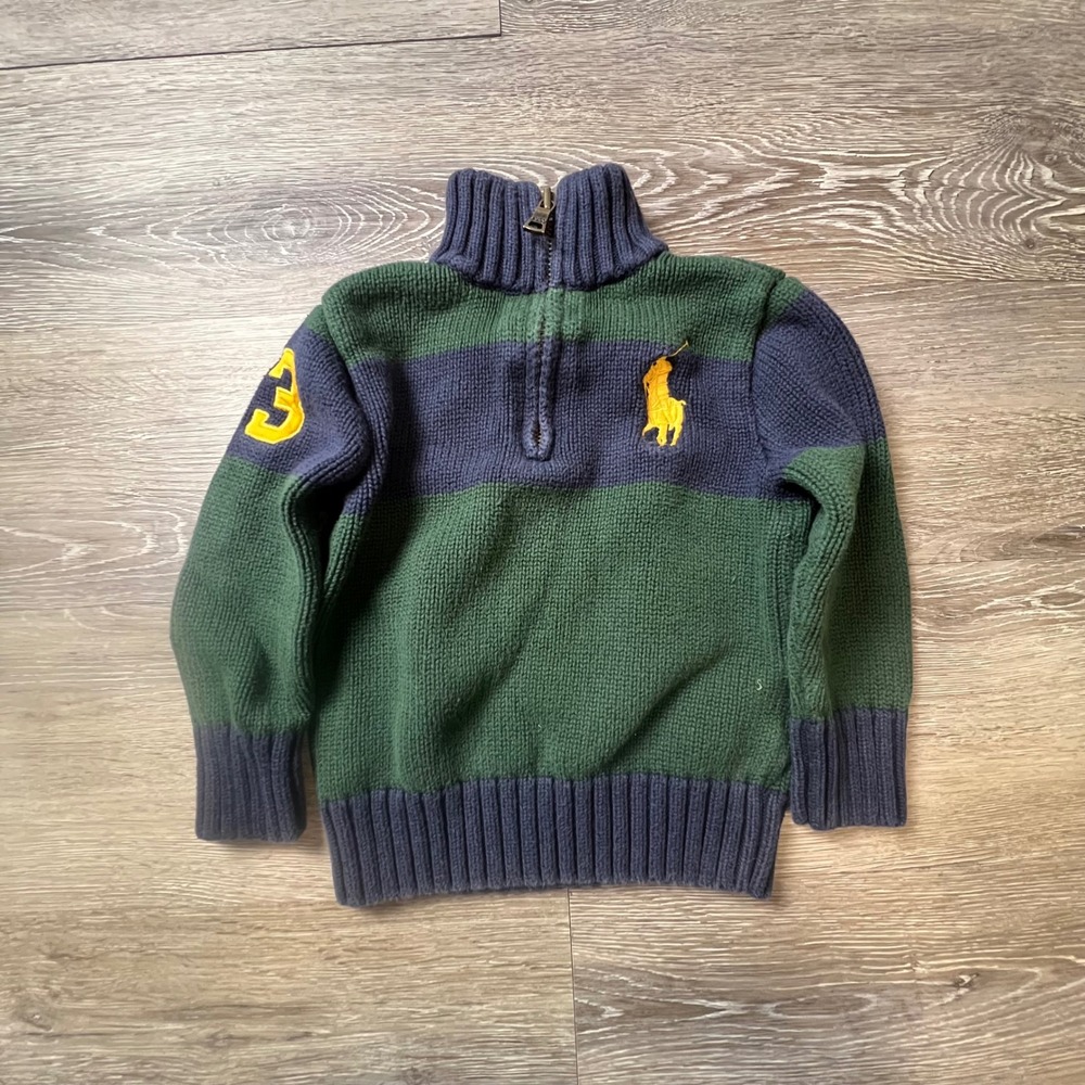 Polo Ralph Lauren Sweater Toddler 2T Green Navy Striped Quarter Zip Knit AS96
